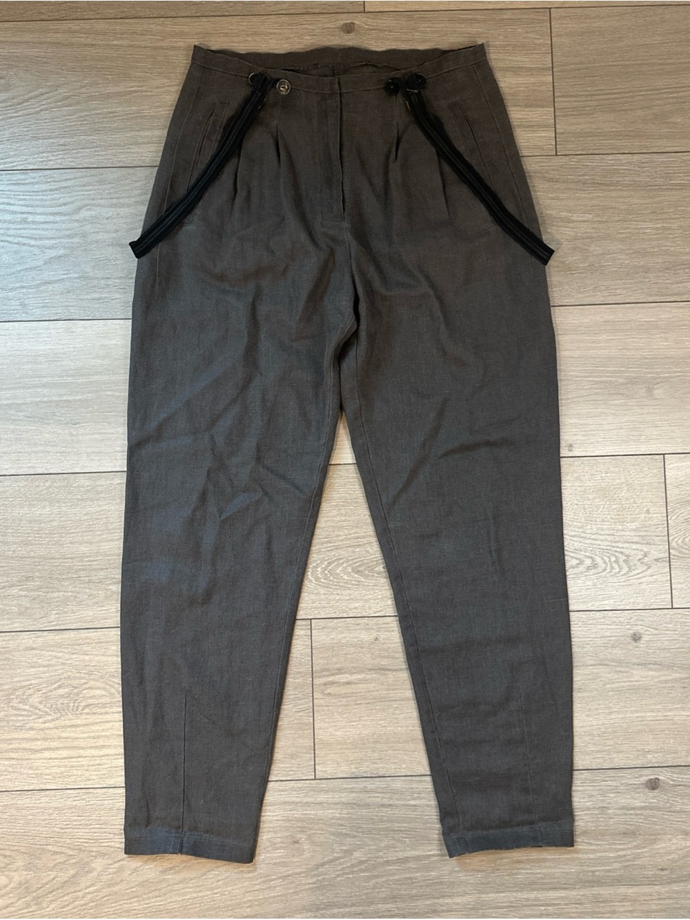 LURDES BERGADA Womens Size S Grey Coated Trousers Pleated Avant Garde Suspenders